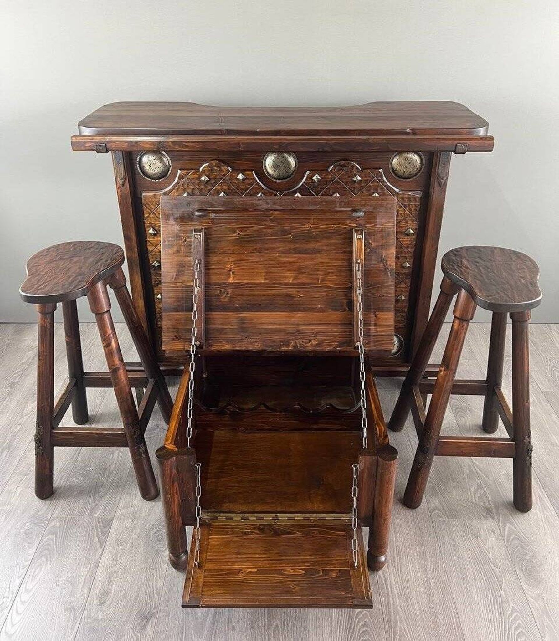Rustic Carved Wooden Bar with Stools and Wine Chest, 20th Century