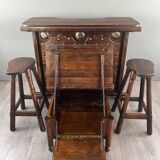 Rustic Carved Wooden Bar with Stools and Wine Chest, 20th Century