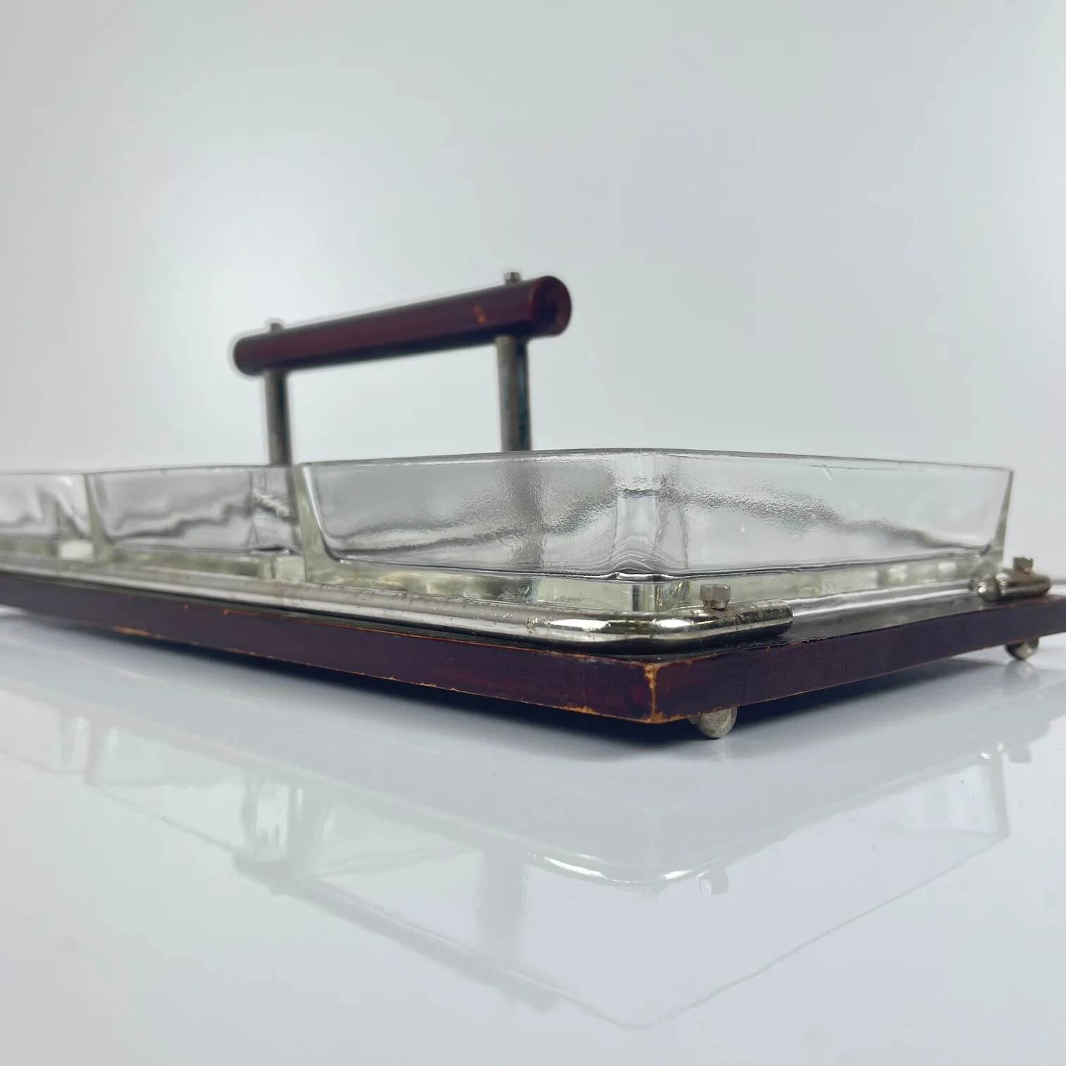 Vintage wooden and glass appetizer tray, 1960s/70s