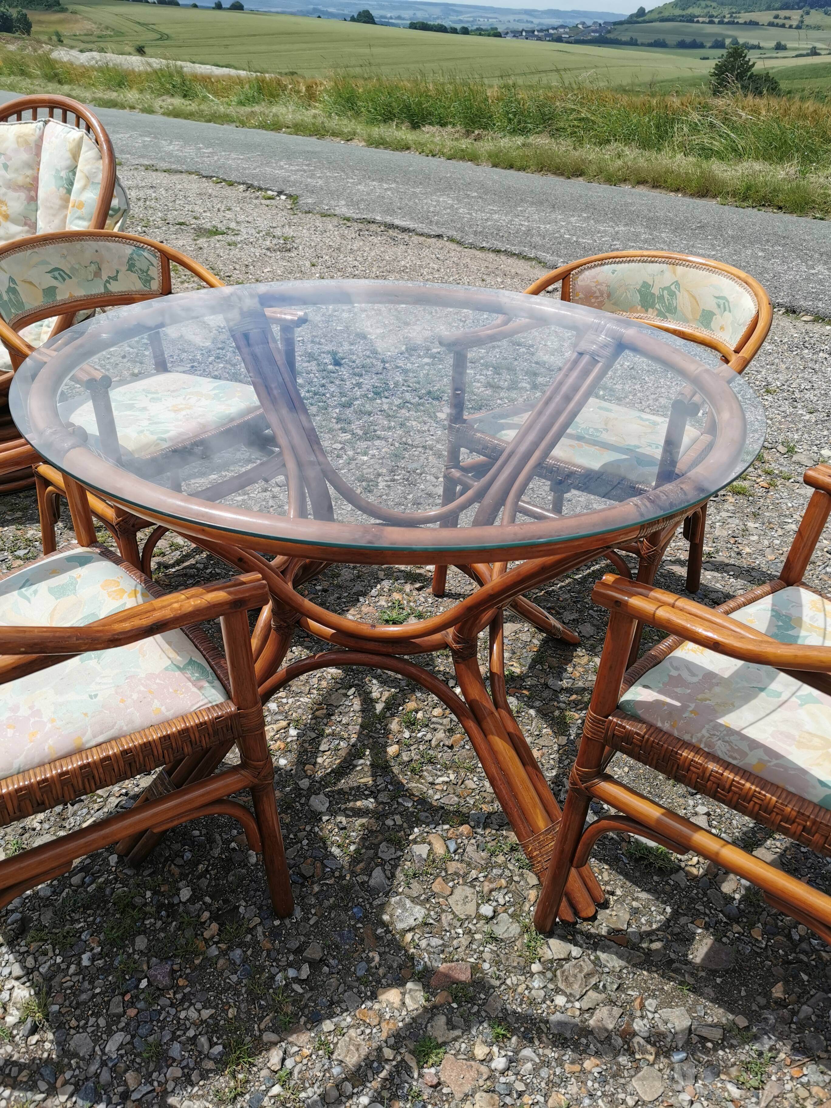 Rattan garden furniture, table, chairs and armchairs