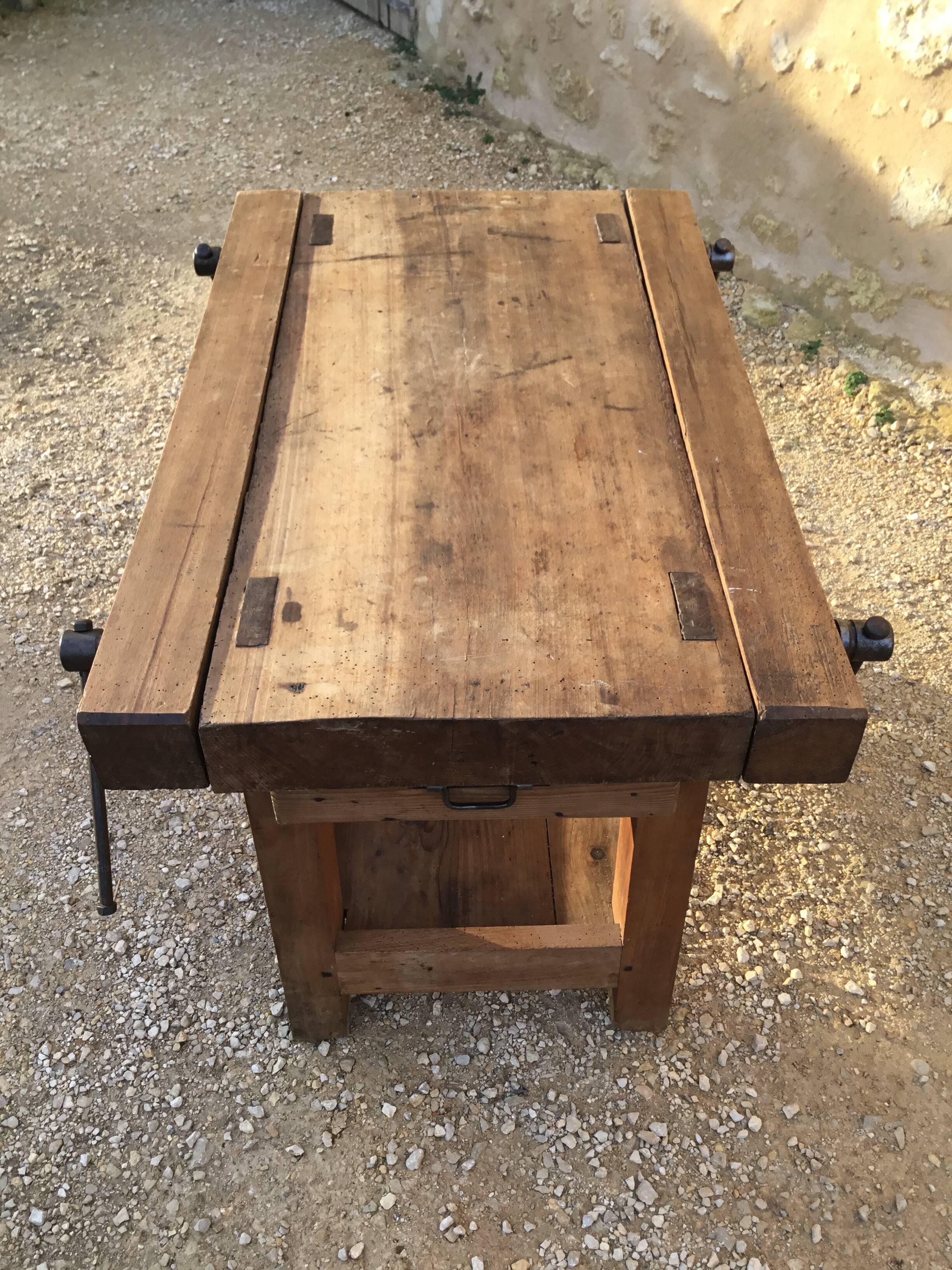 Mid-20th century beech workbench with two drawers