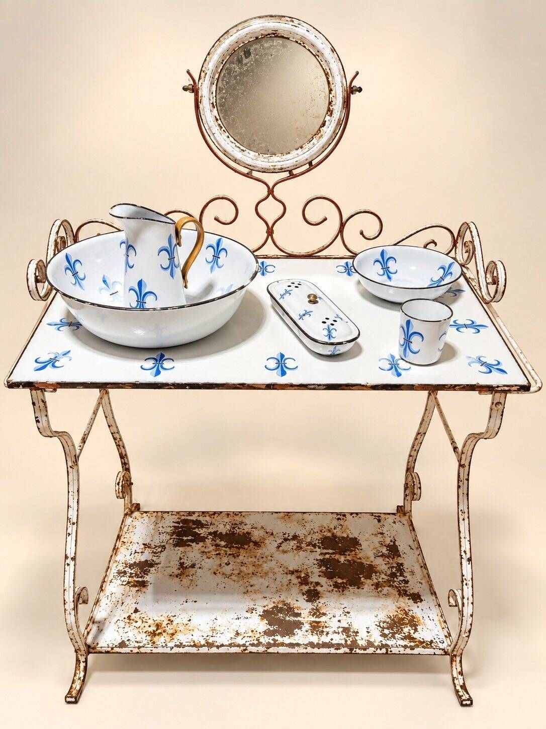 Dressing table – Napoleon III style – Wrought iron & Enamel – Flower decoration