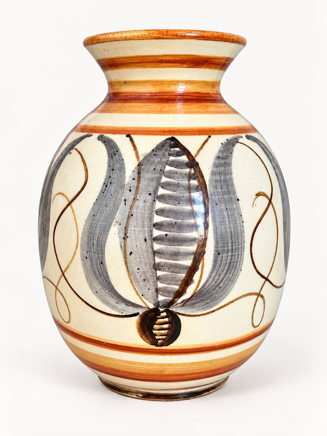 Kupittaan Savi vase hand-painted, tulip pattern, Finland, 1940s–50s
