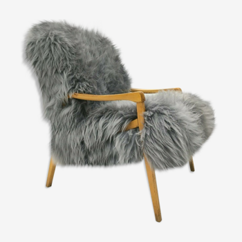 Vintage grey sheepskin armchair from ton, 1960s