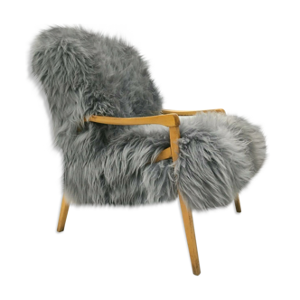 Vintage grey sheepskin armchair from ton, 1960s