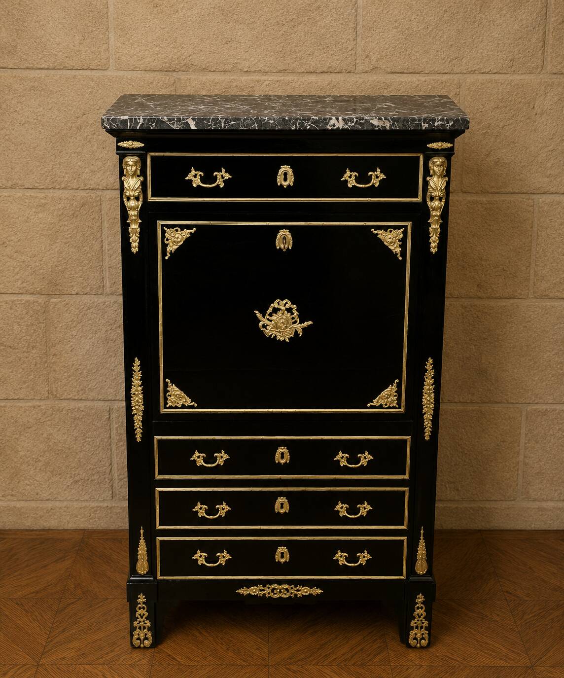 Secretary with a black lacquered drop-leaf and gilded bronzes – Boulle style