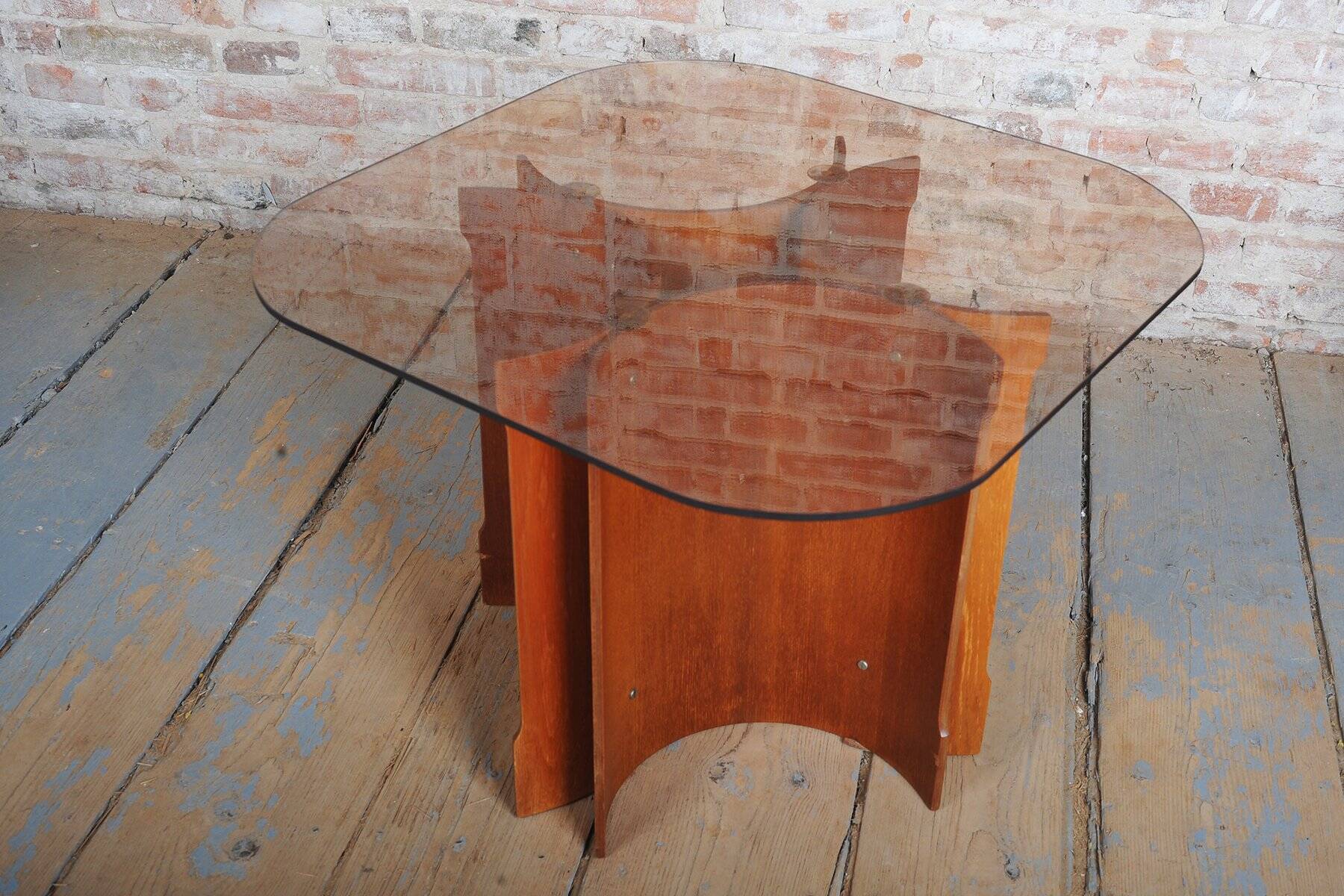 Mid-Century Modern Nesting Table in Oak and Smoked Glass, Czech, 1960s, Set of 5