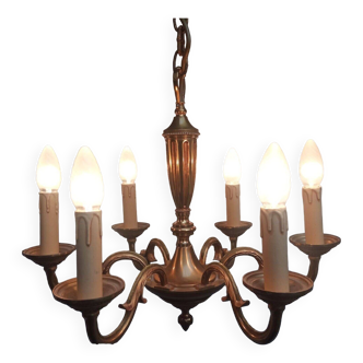 Lustre bronze 6 feux de style louis xvi en état de marche - lucien gau ref 16386