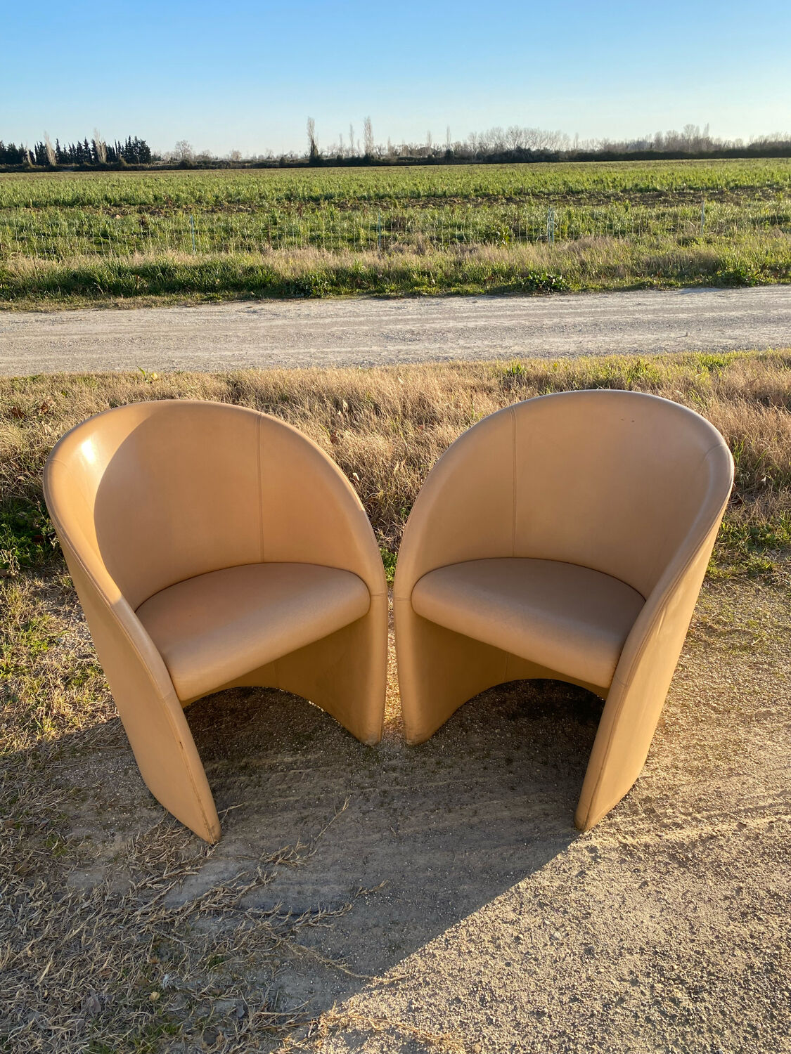 Pair of designer leather armchairs
