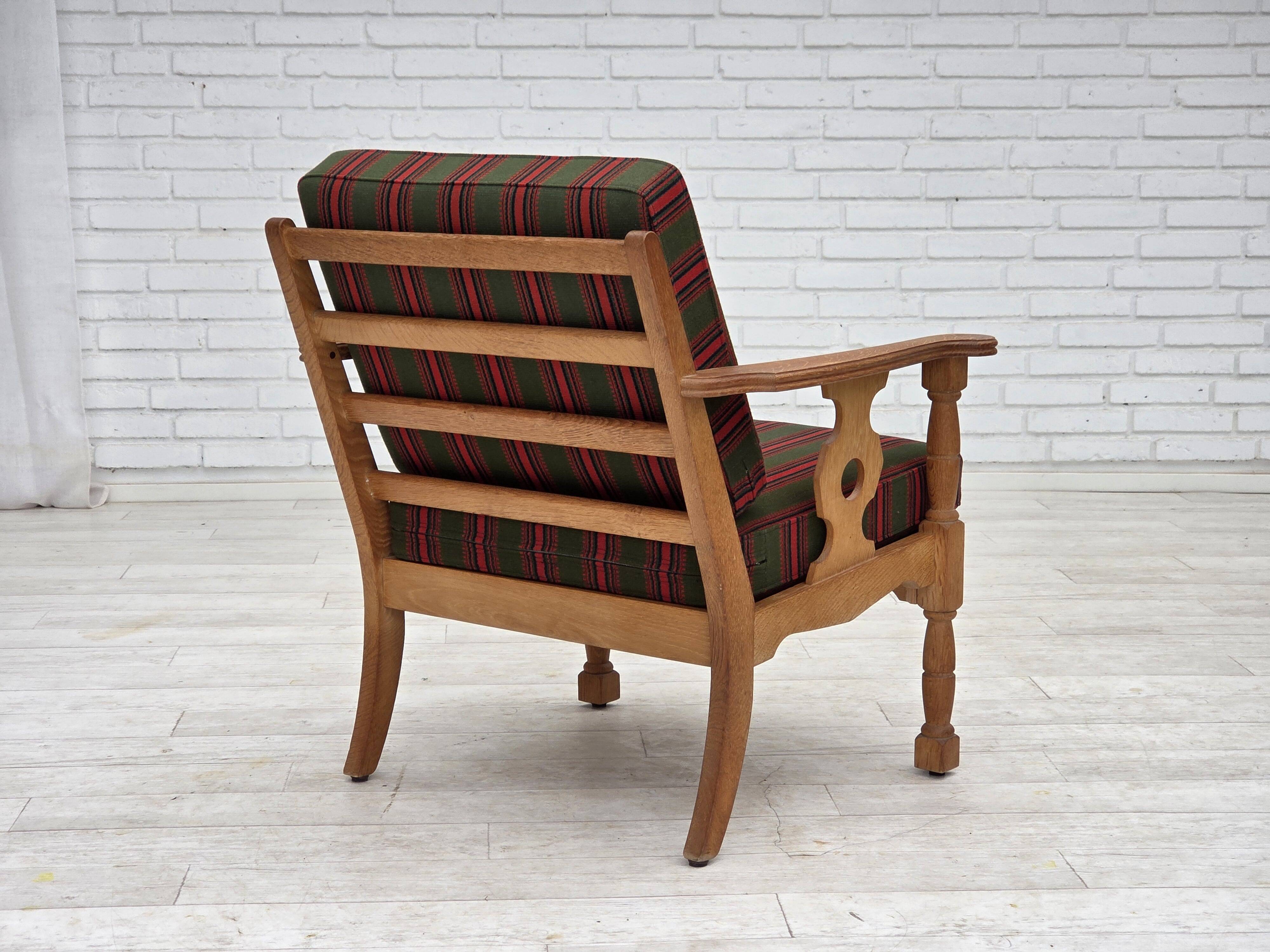 1970s, Danish armchair, green furniture wool, solid oak wood.