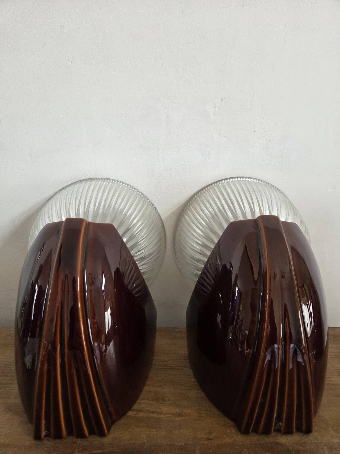 Pair of Art Deco wall lights, ceramic and holophane glass.