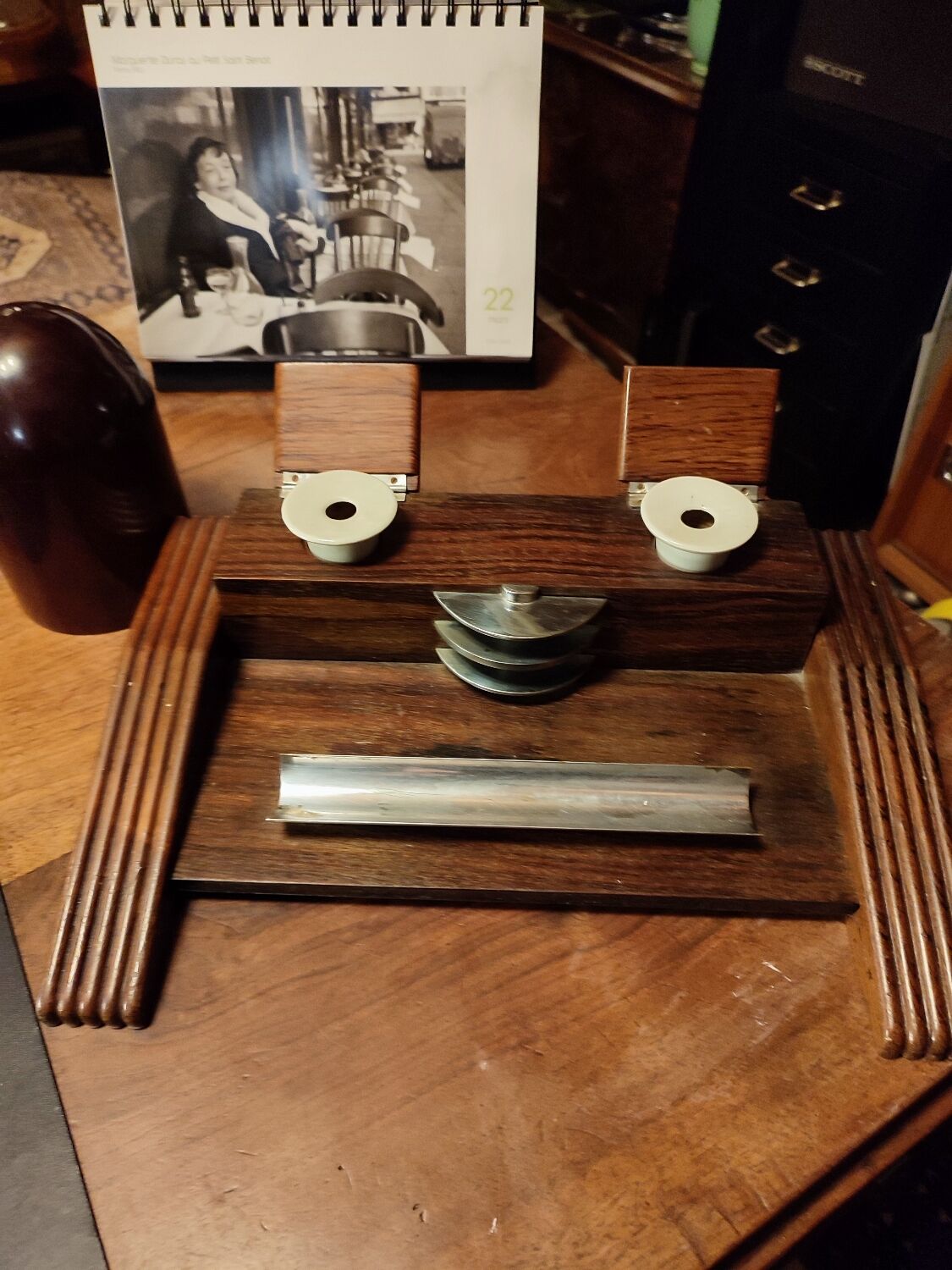 Wood inkwell and zinc complete with porcelain inkwells