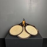 Midcentury uchiwa fan macrame fiber rattan hanging pendant lamp, 1970s
