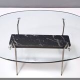 Oval Glass Coffee Table with Portoro Marble and Iron Base, Italy