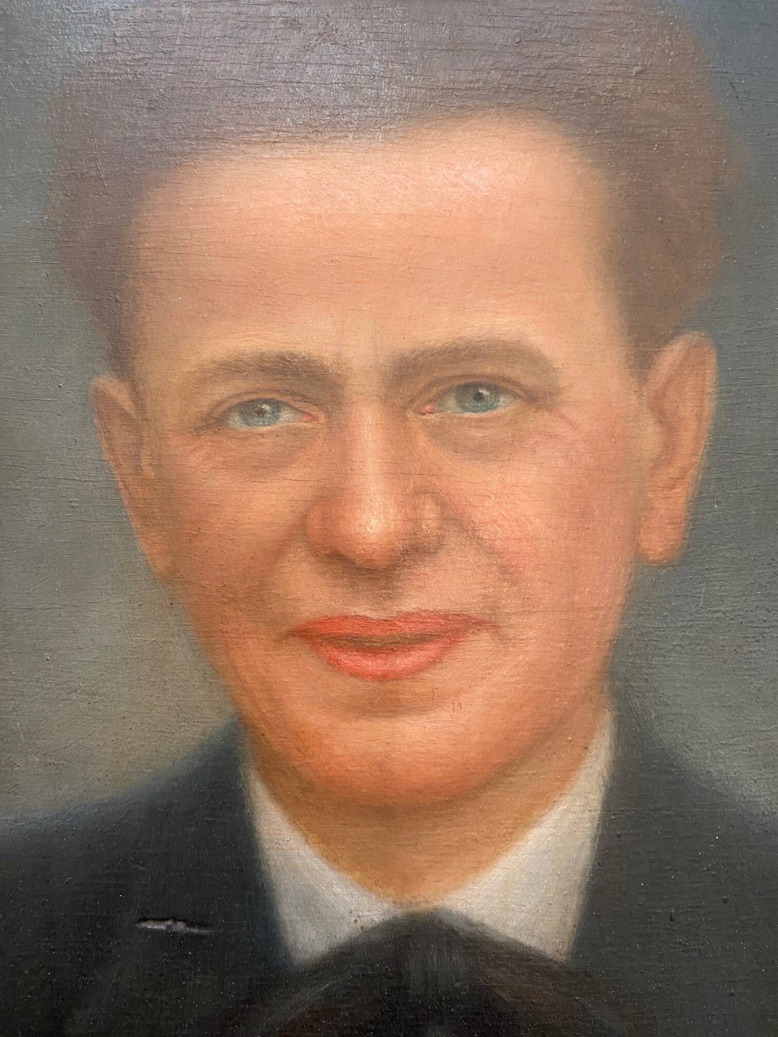 PORTRAIT OF A MAN AND HIS GUITAR OIL PAINTING 1940S