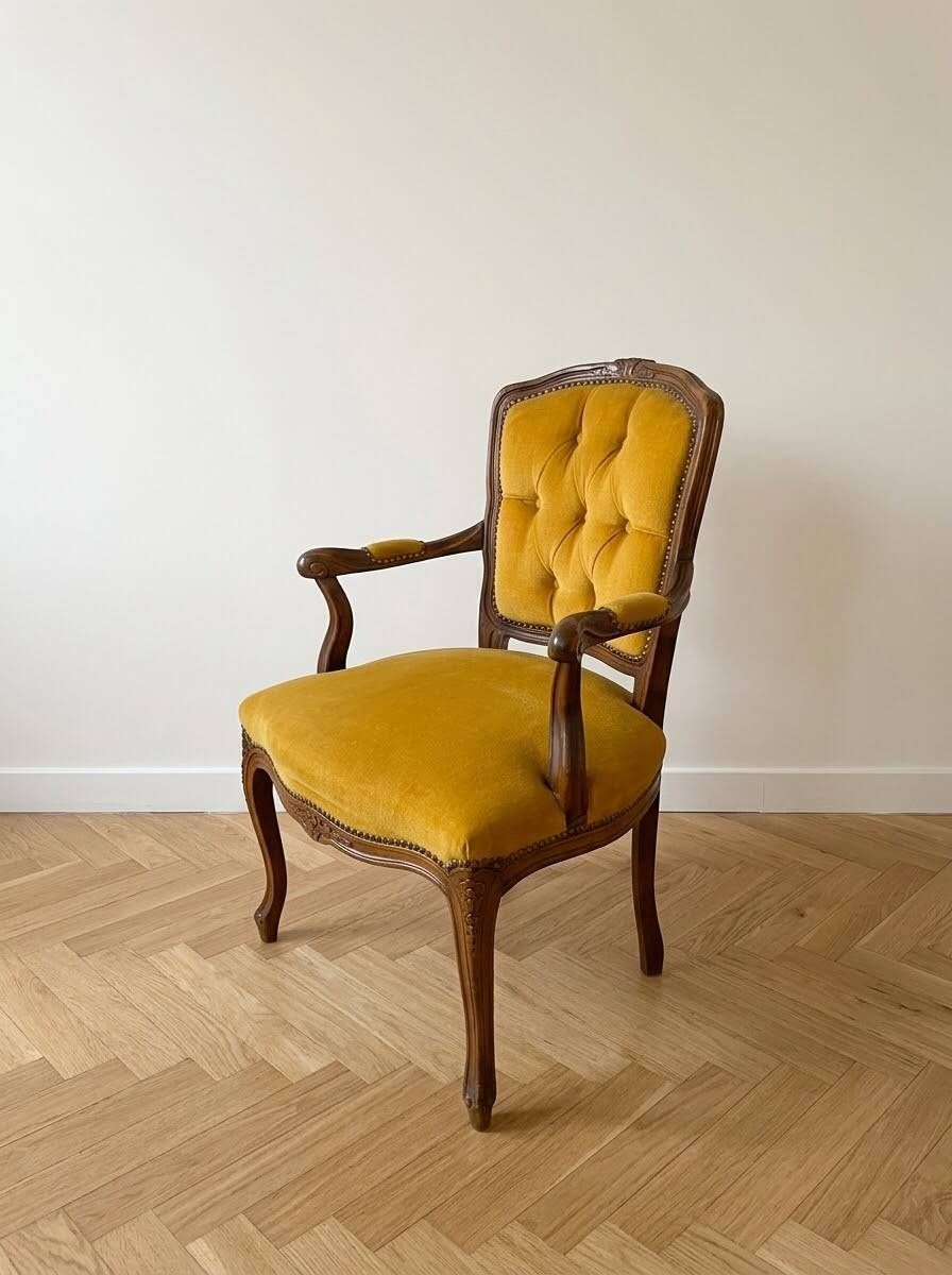 Louis XV style armchair in yellow velvet.