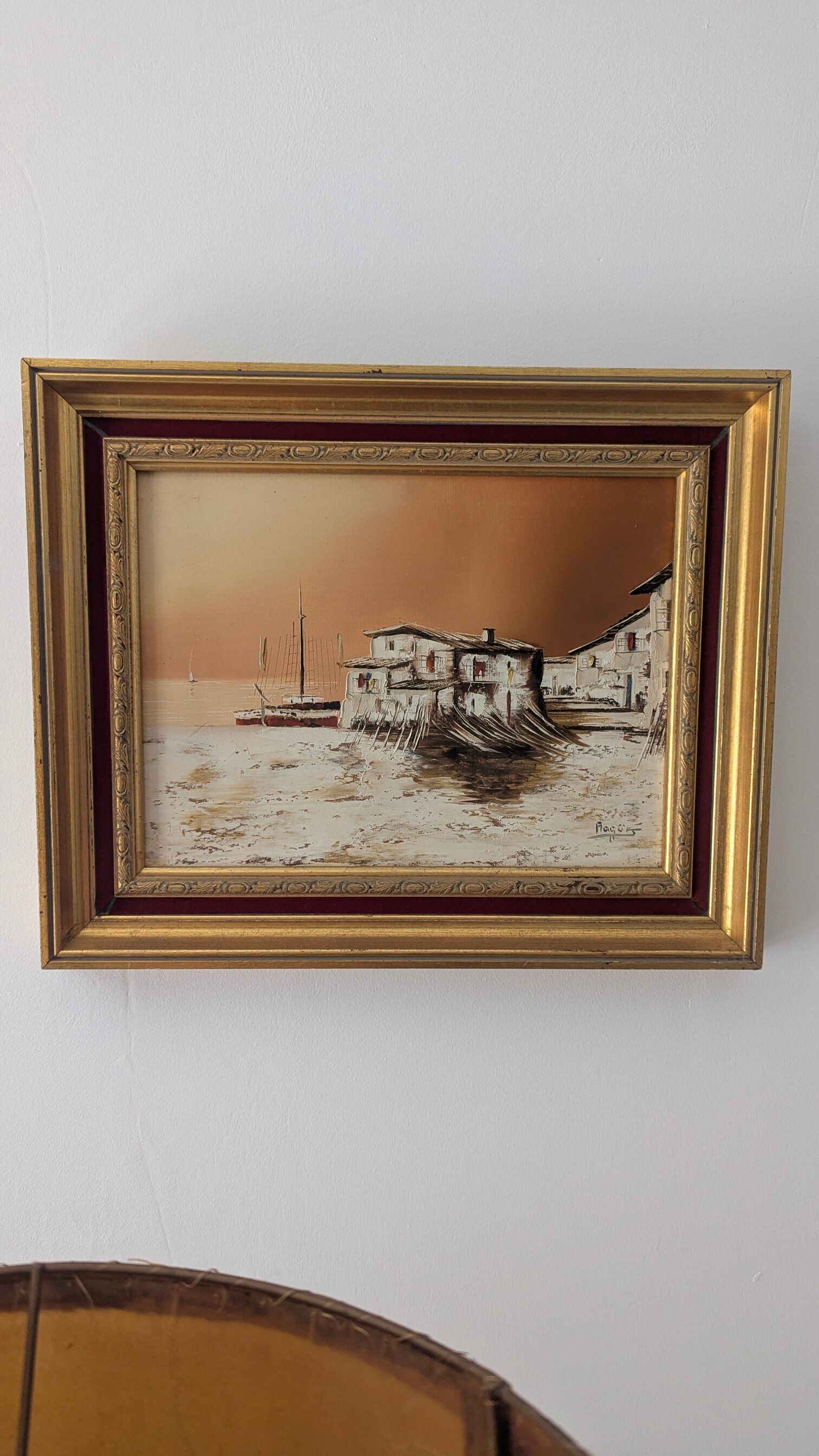 Peinture à l'huile vintage sur toile – Paysage de port et pêche – Signée No