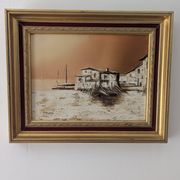Vintage oil painting on canvas – Harbour and fishing landscape – Signed No