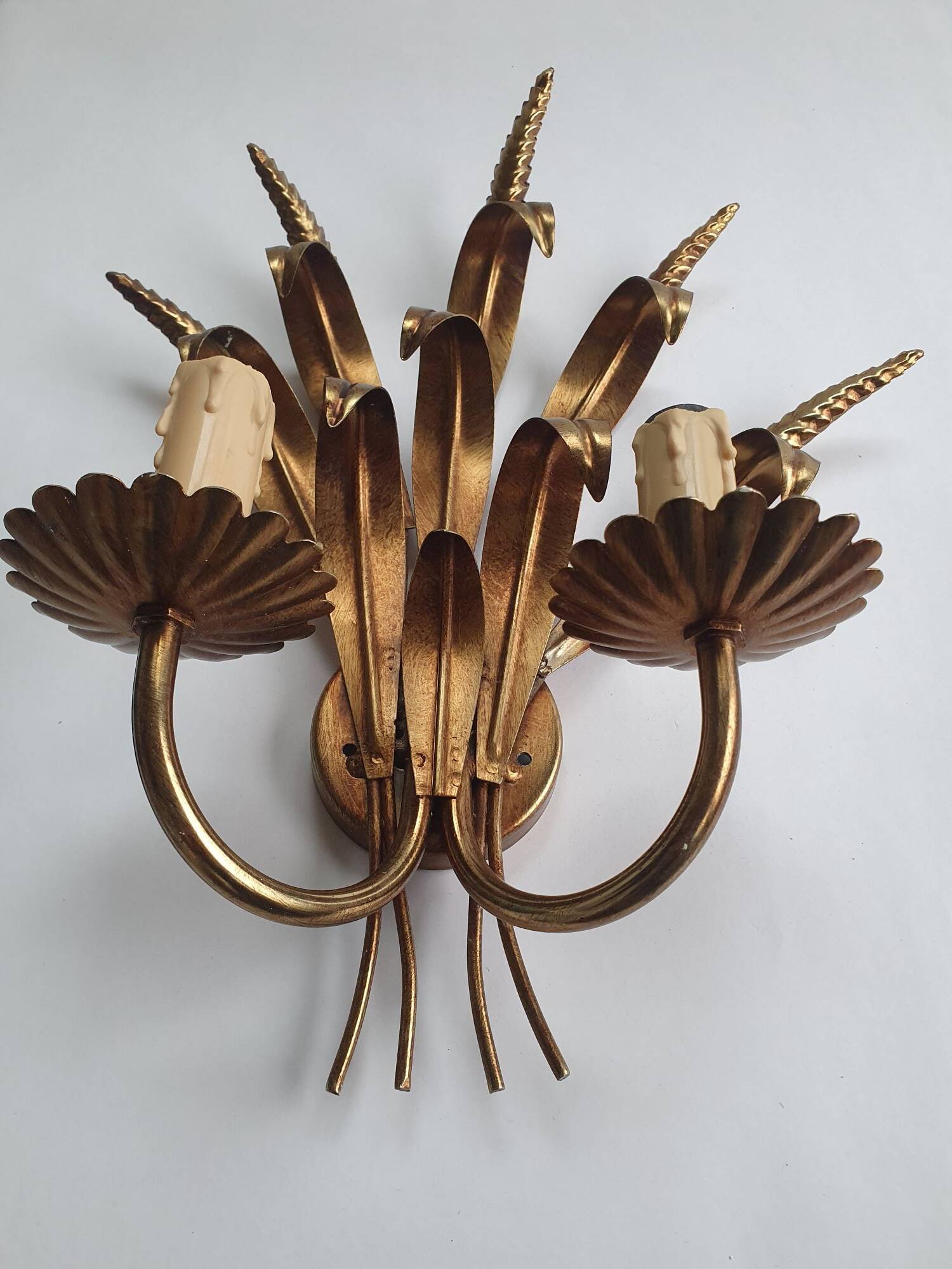 Pair of antique gold wall sconces with wheat ear motif