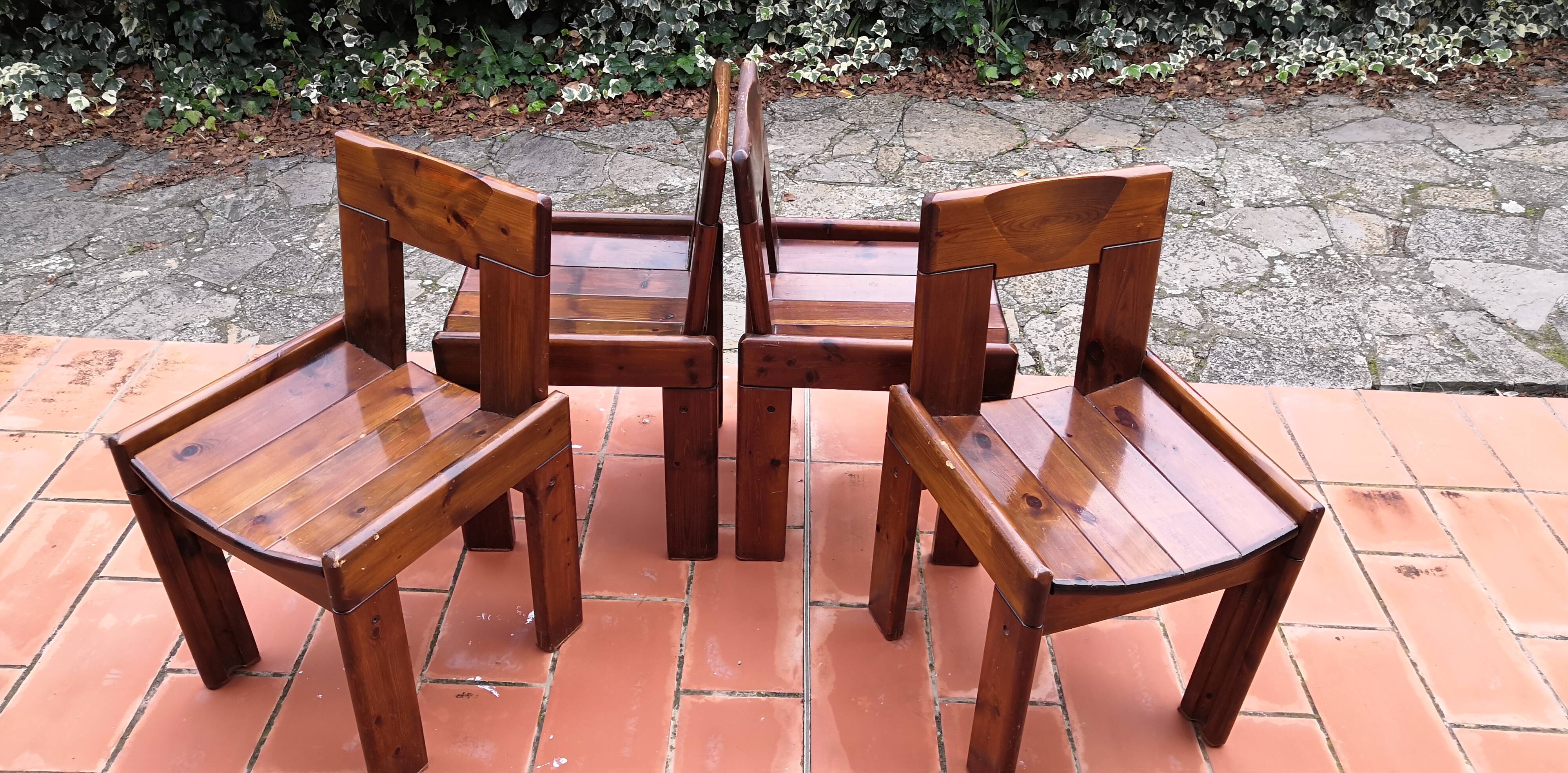 Brutalist Solid Pine Chairs Set of 4, 70s