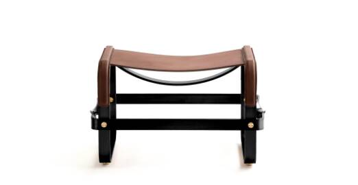 Footrest in Aged Brass and Navy Blue Leather, Contemporary Style