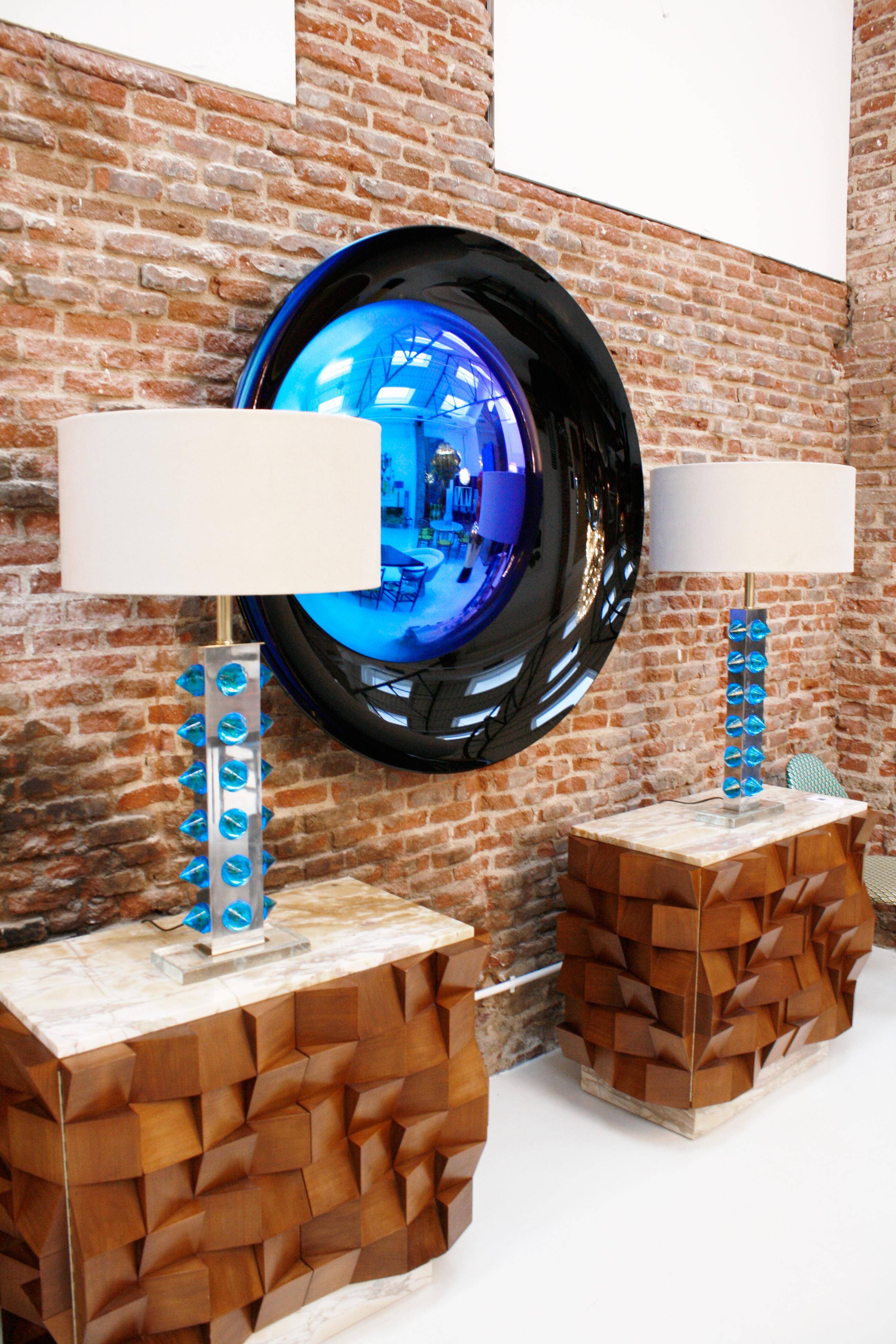 Modern Sculptural Concave Black and Blue Handmade Glass French Mirror