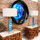 Modern Sculptural Concave Black and Blue Handmade Glass French Mirror