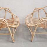 Ensemble fauteuils et table en bambou et rotin année 70