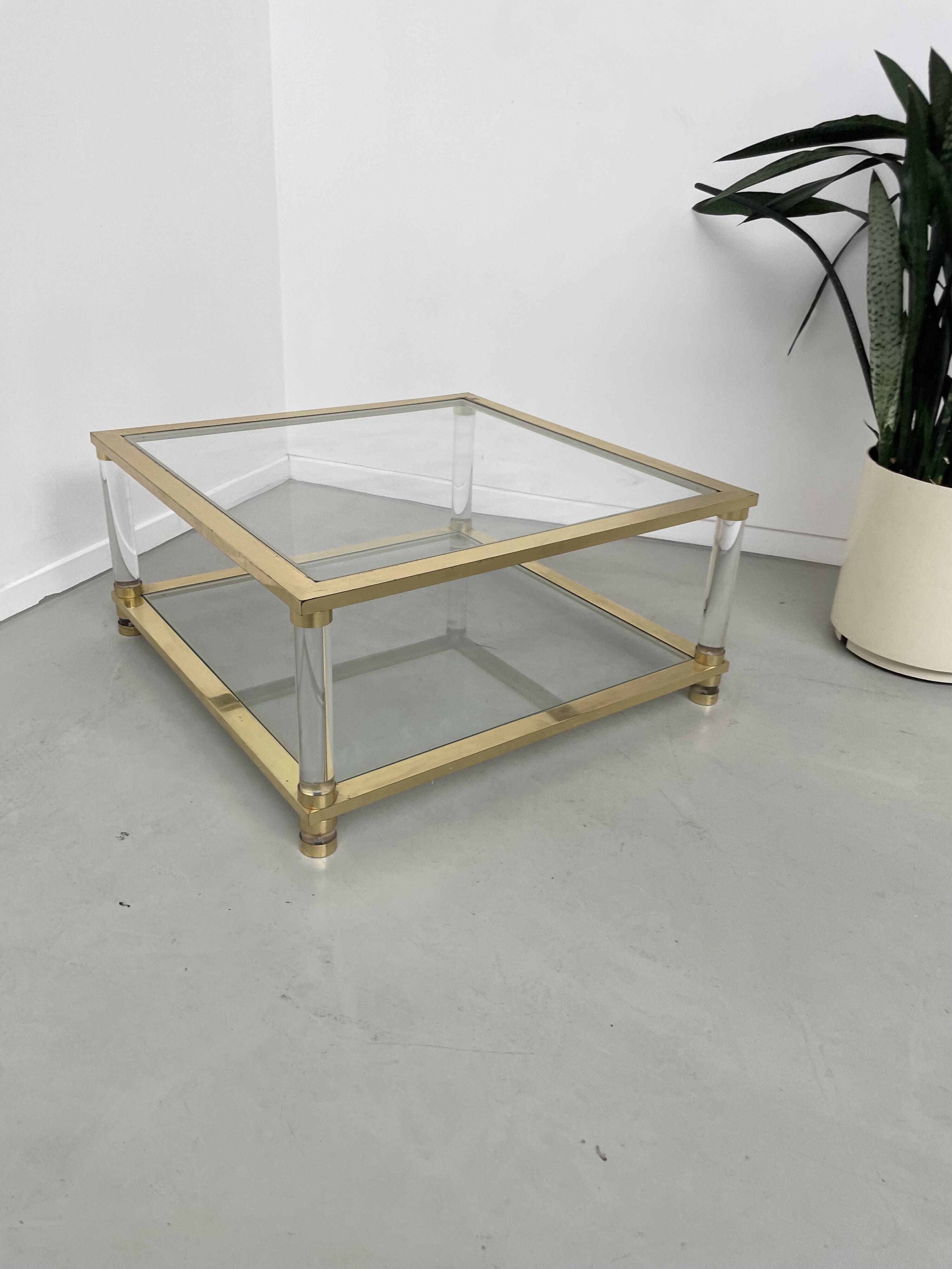 1970s lucite, brass and glass coffee table