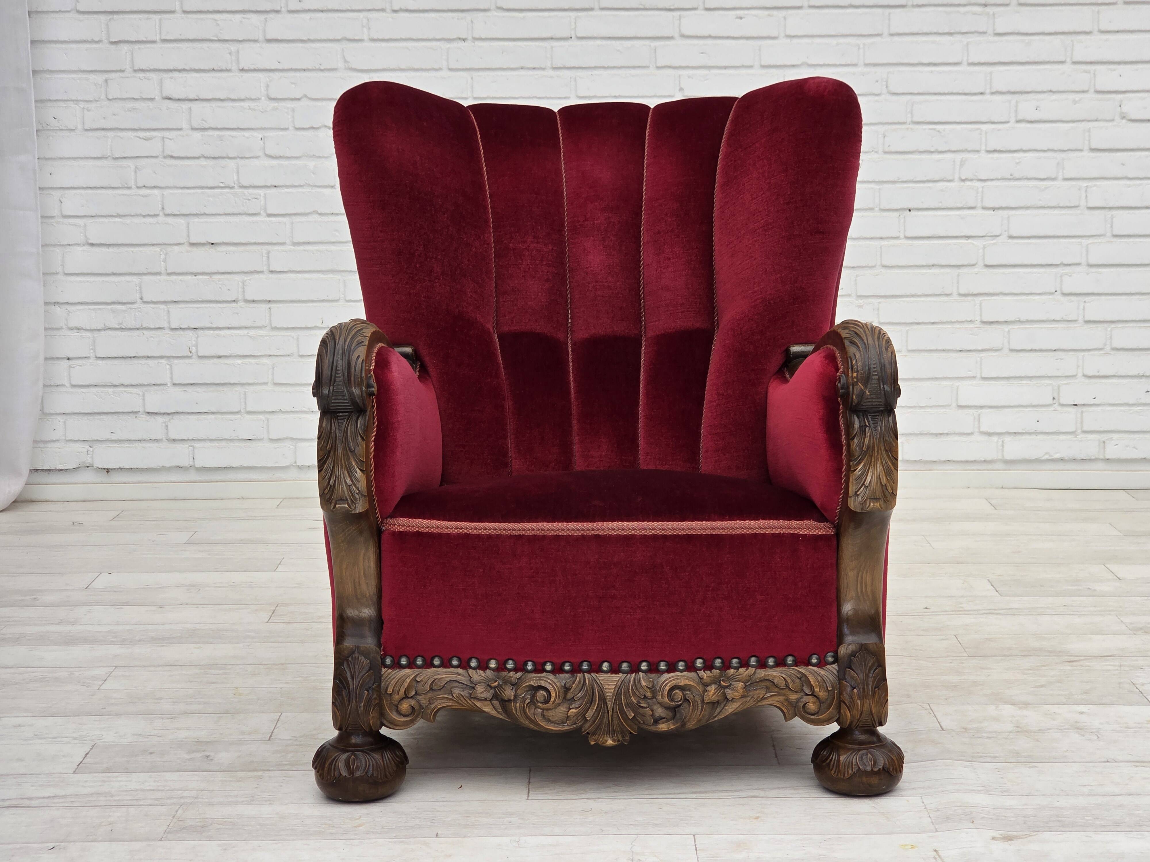 1960s, Danish relax chair, cherry-red furniture velour, oak wood.
