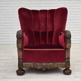 1960s, Danish relax chair, cherry-red furniture velour, oak wood.
