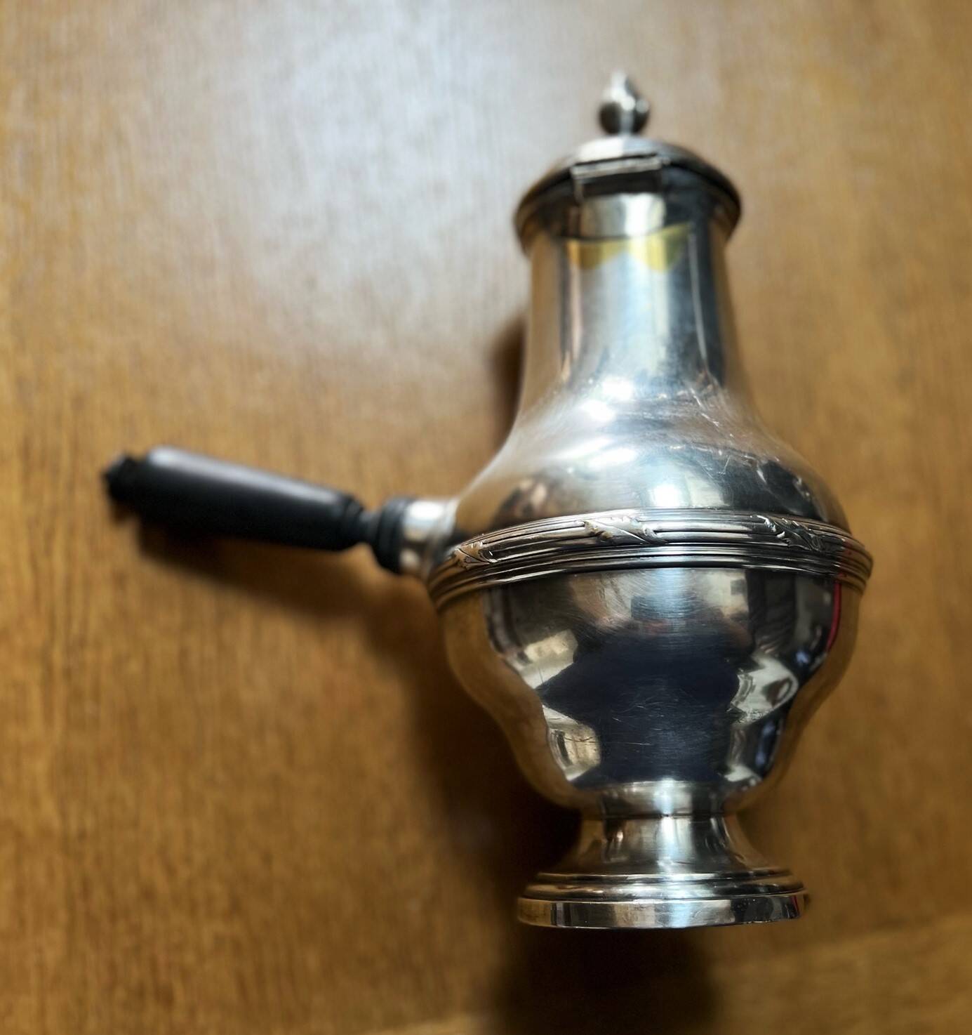 Silver-plated metal chocolate pot stamped ARGIT SFOA with an ebony handle.