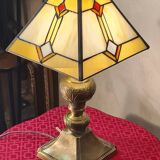 Lampe art deco bronze et laiton h40x30 abat jour style verre tiffany