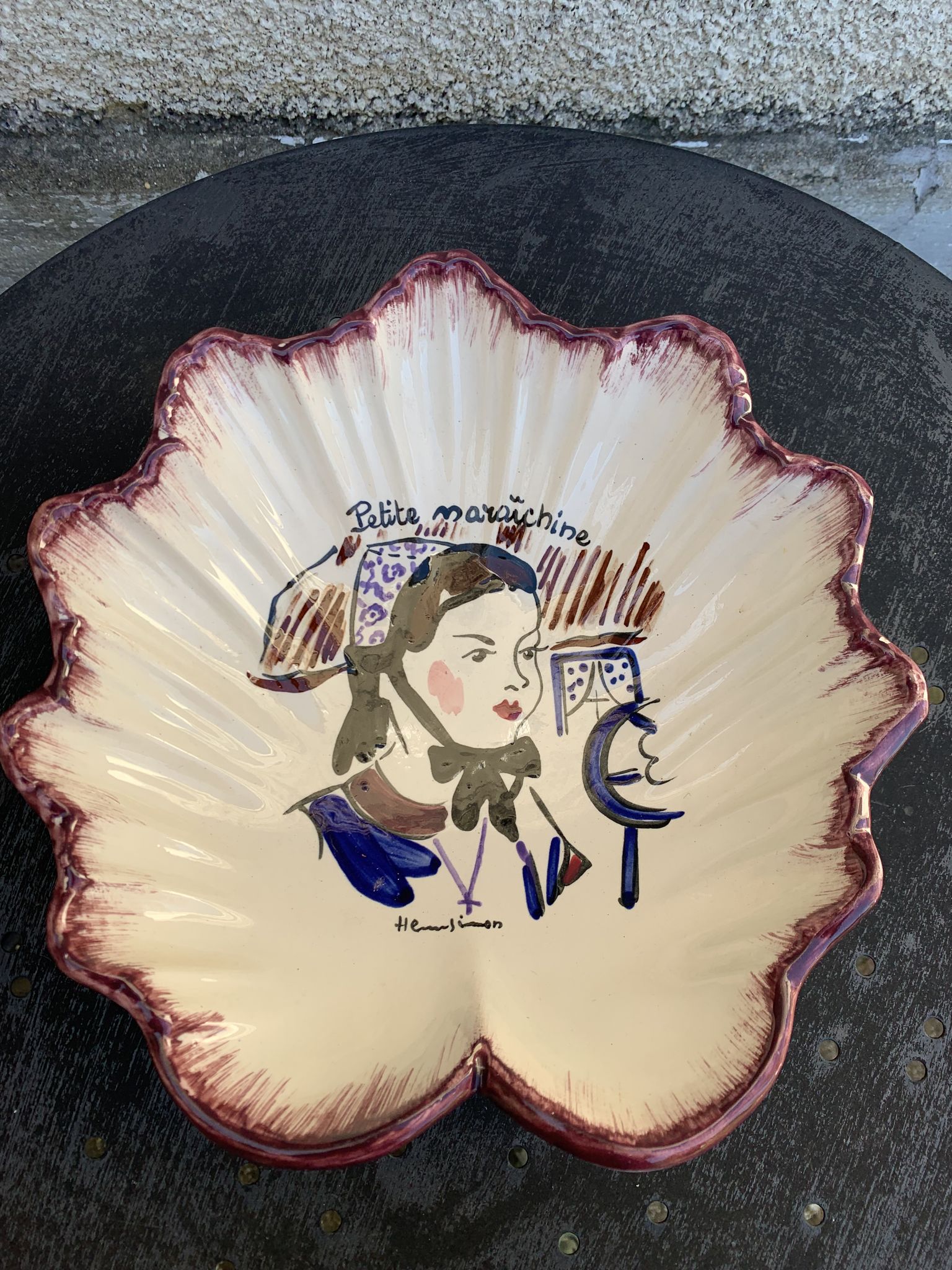 Coupe à fruits petite maraîchine peinte à la main et signée par Henry Simon vintage