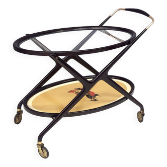 Ebonized Beech Serving Cart with Oriental Print, Italy