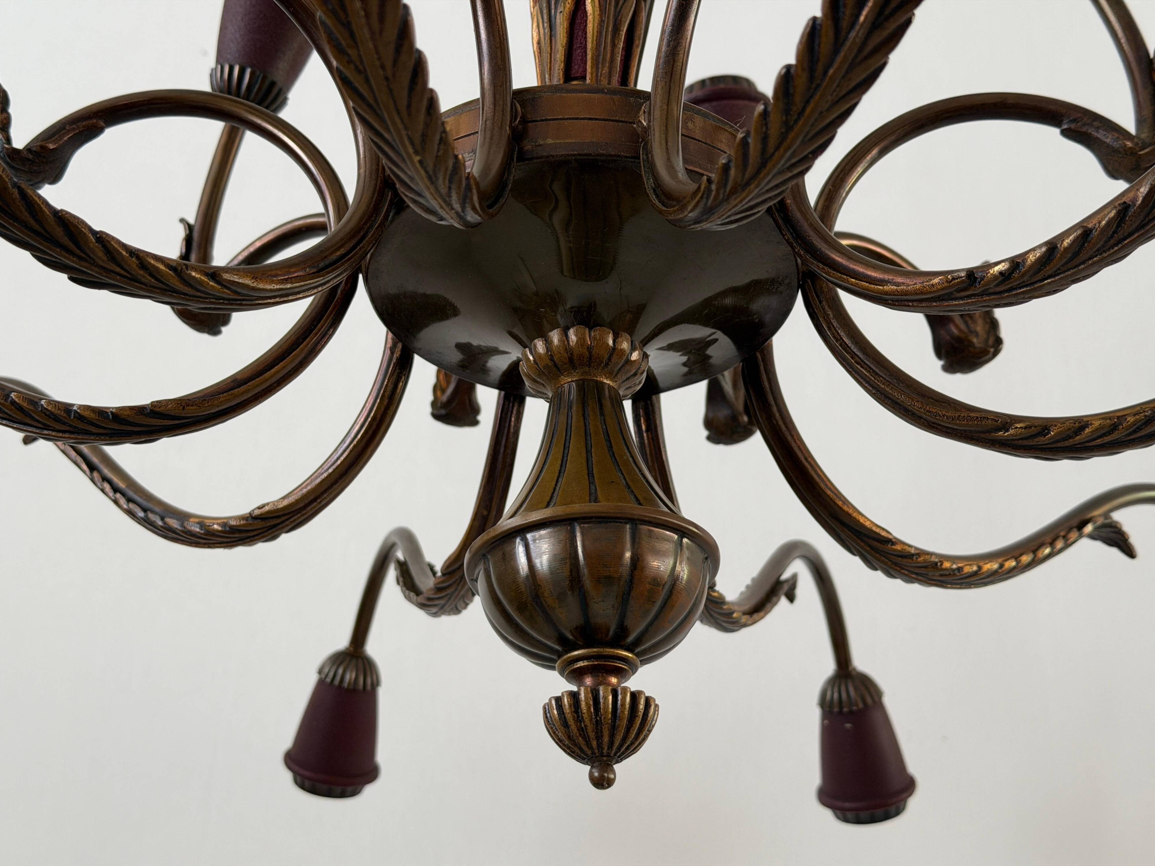 Large Burgundy brass chandelier with 15 arms, 1950, Italy