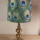Lampe en laiton avec abat-jour motif plumes de paon