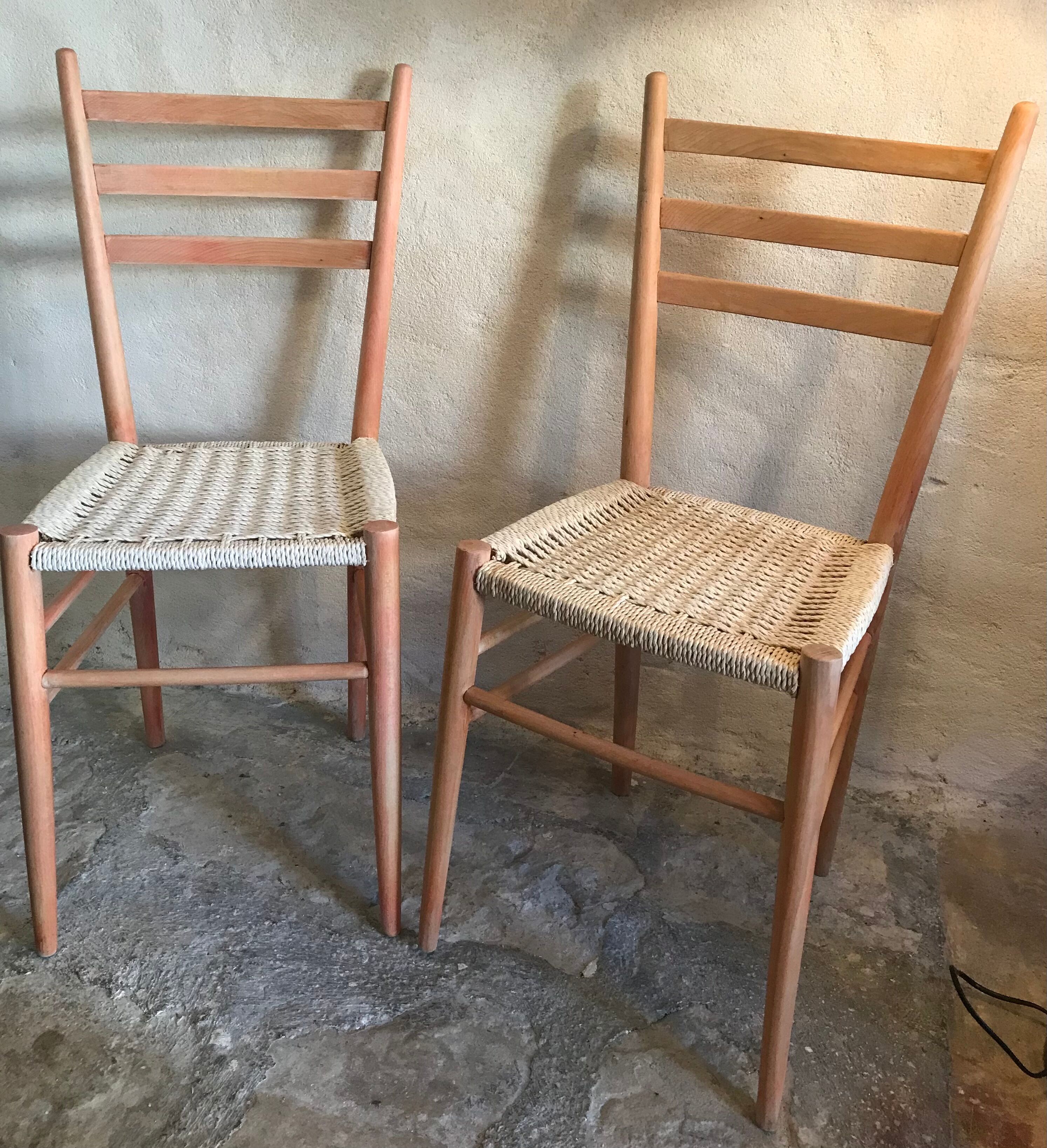 Pair of vintage chairs 1960-80's in beech braided rope