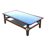 Large vintage rattan and smoked glass coffee table, 1970s