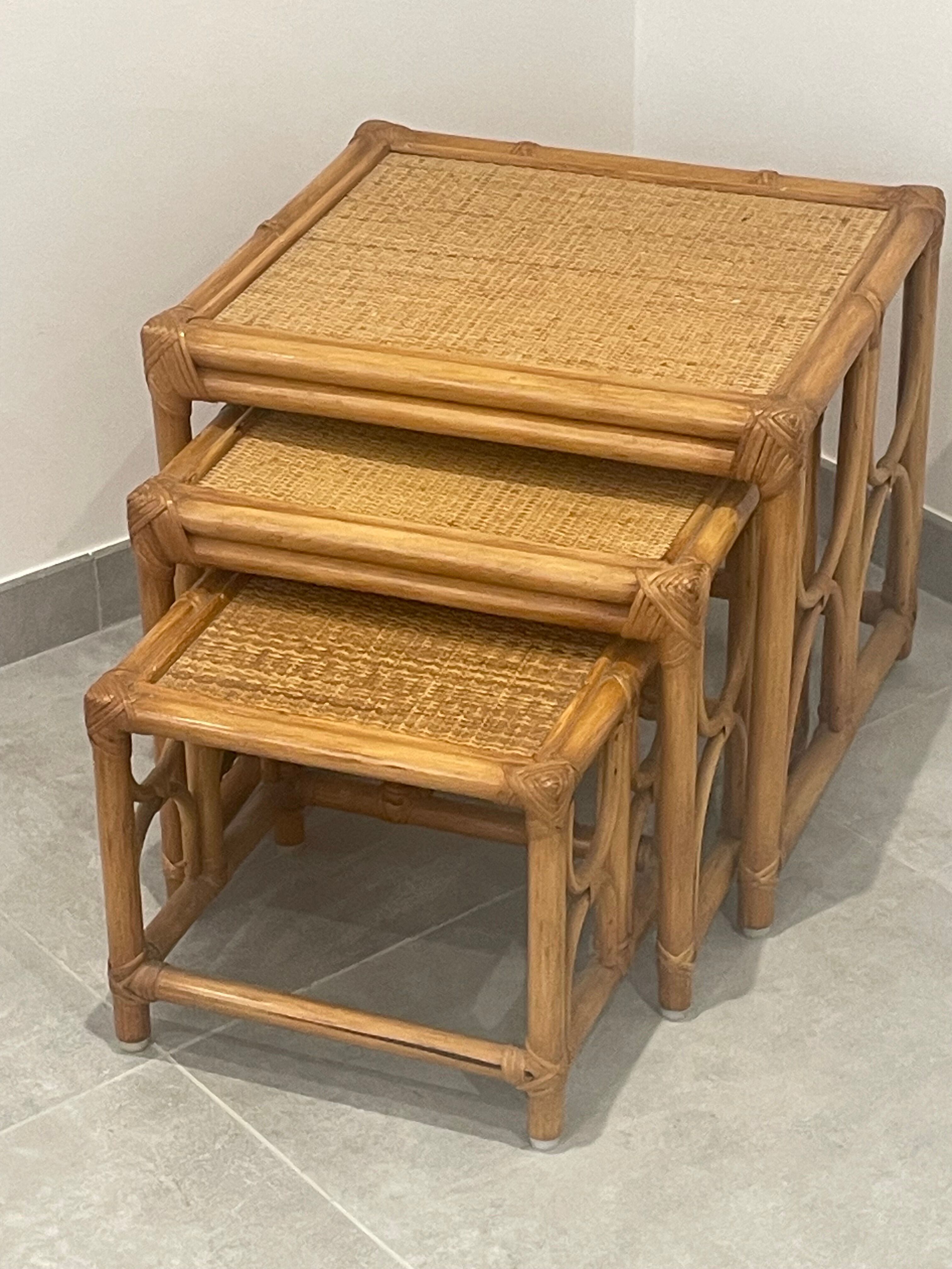3 tables gigognes rotin bambou et osier tressé