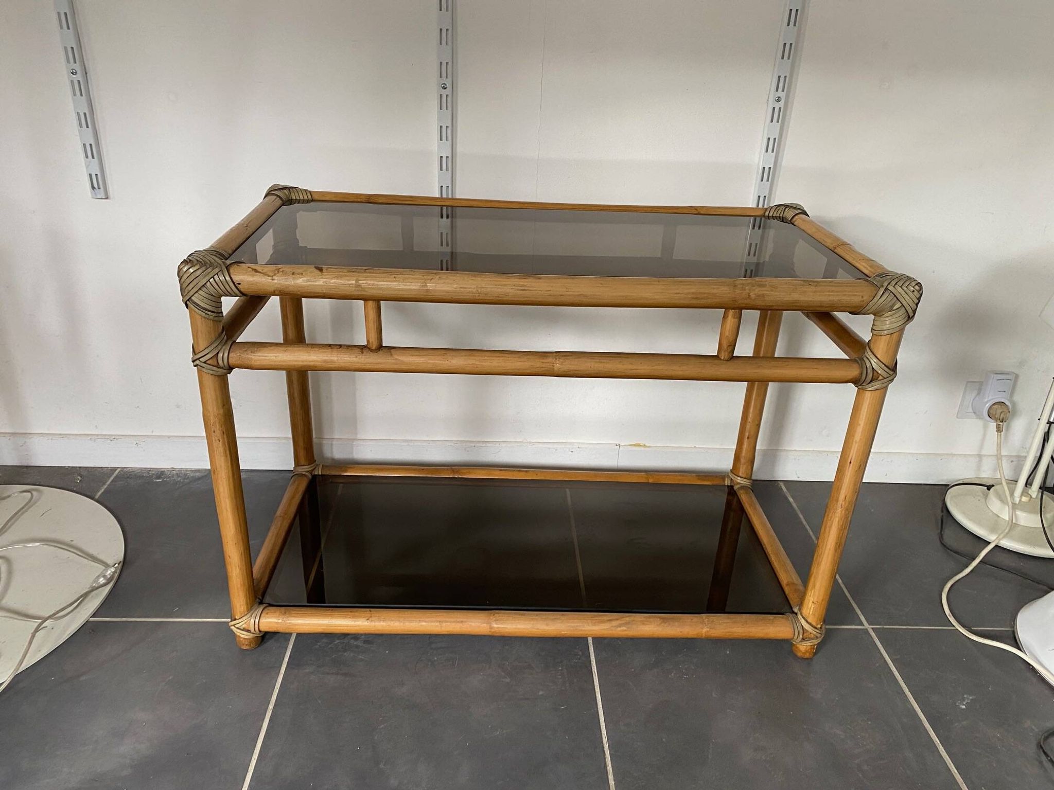 Vintage rattan and glass TV storage unit 1950