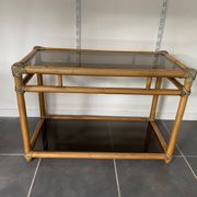 Vintage rattan and glass TV storage unit 1950