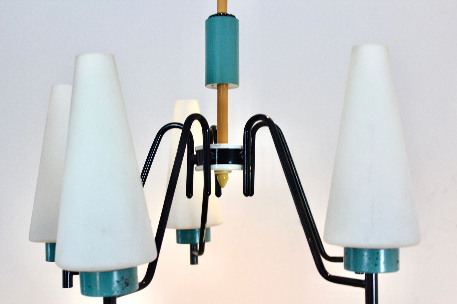 Dutch suspension lamp in wood steel and opaline glass