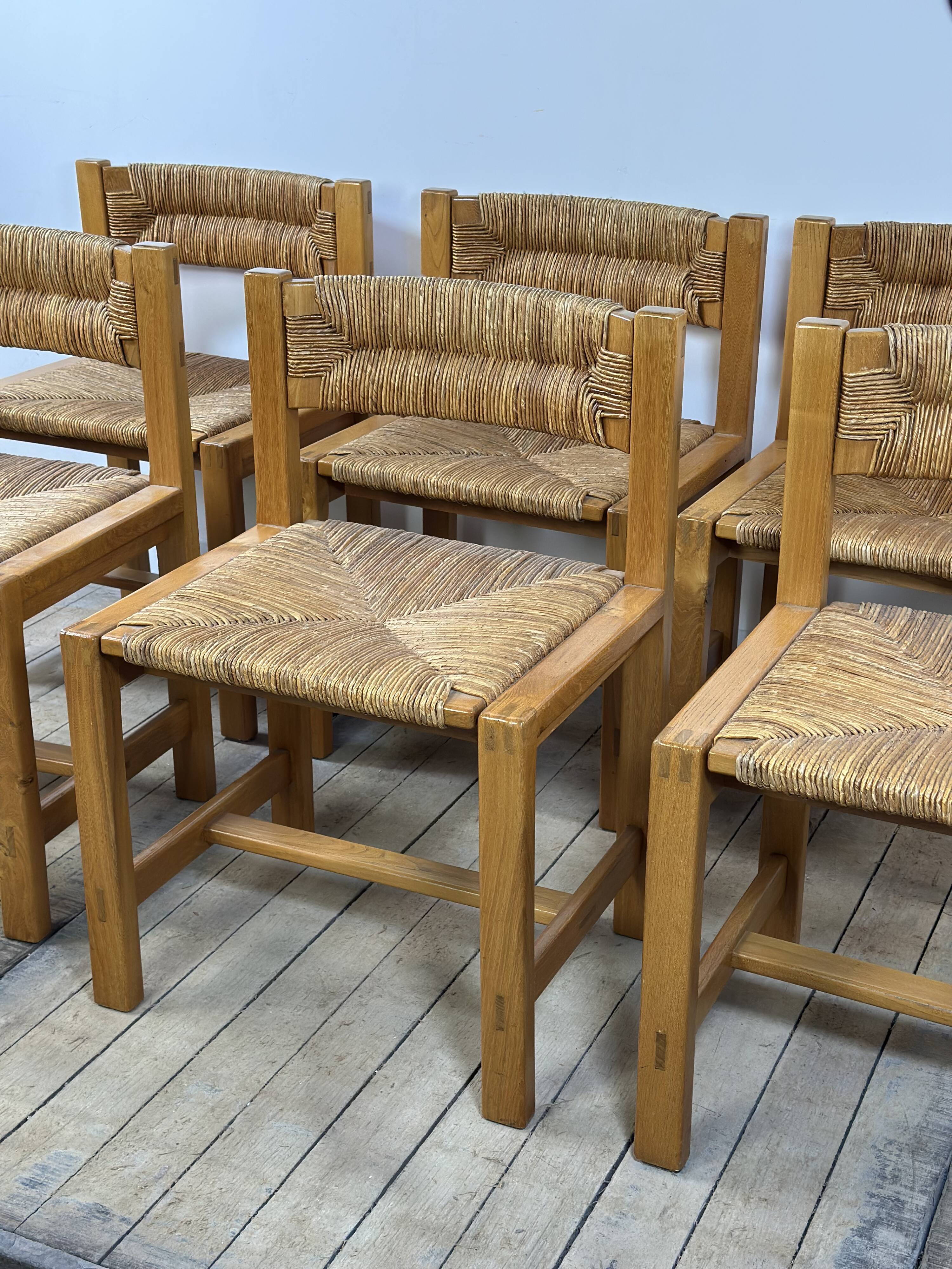 Set of 6 solid elm chairs by maison regain 1970.