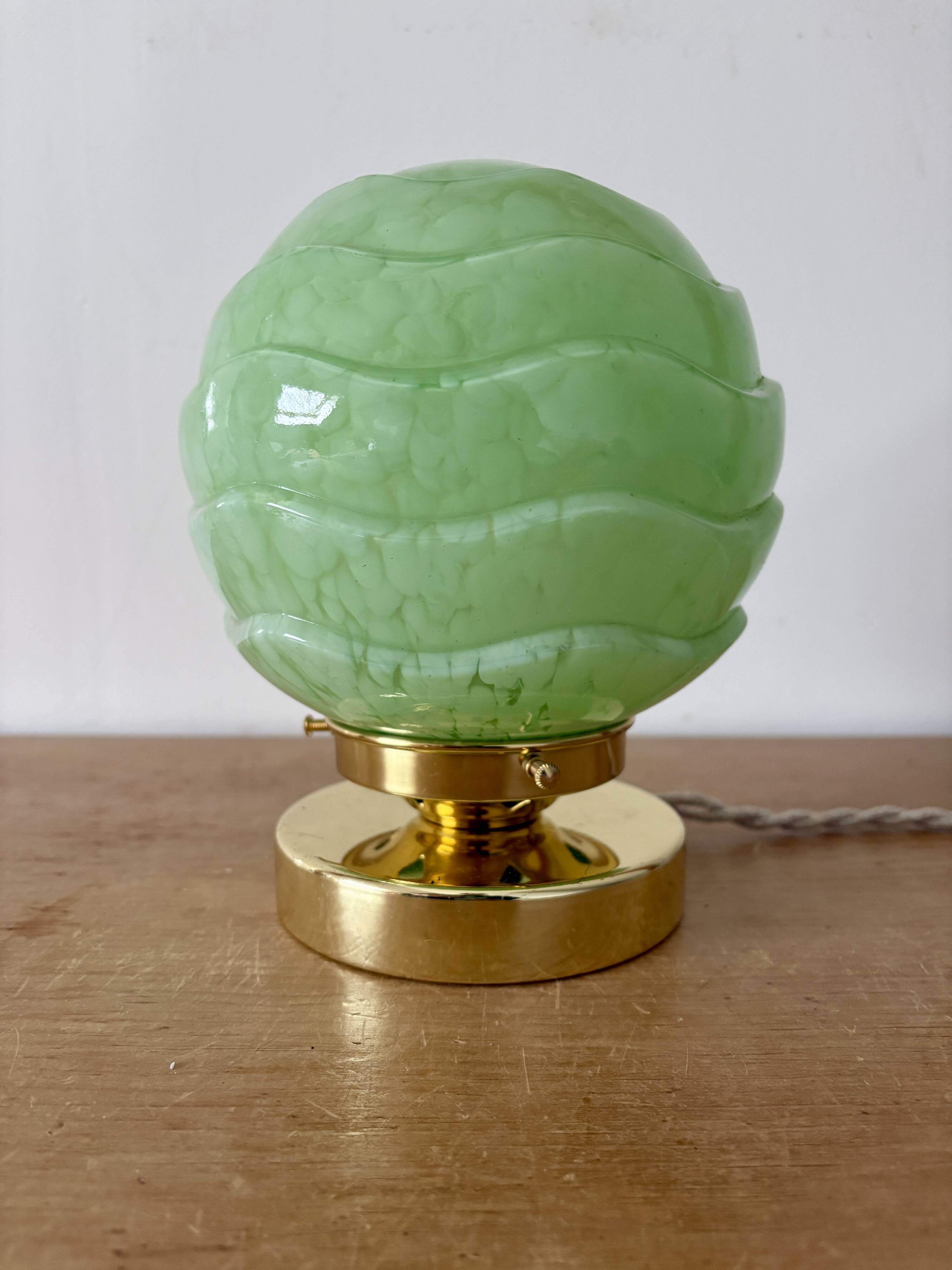 Vintage art deco globe table lamp in mint green Clichy glass