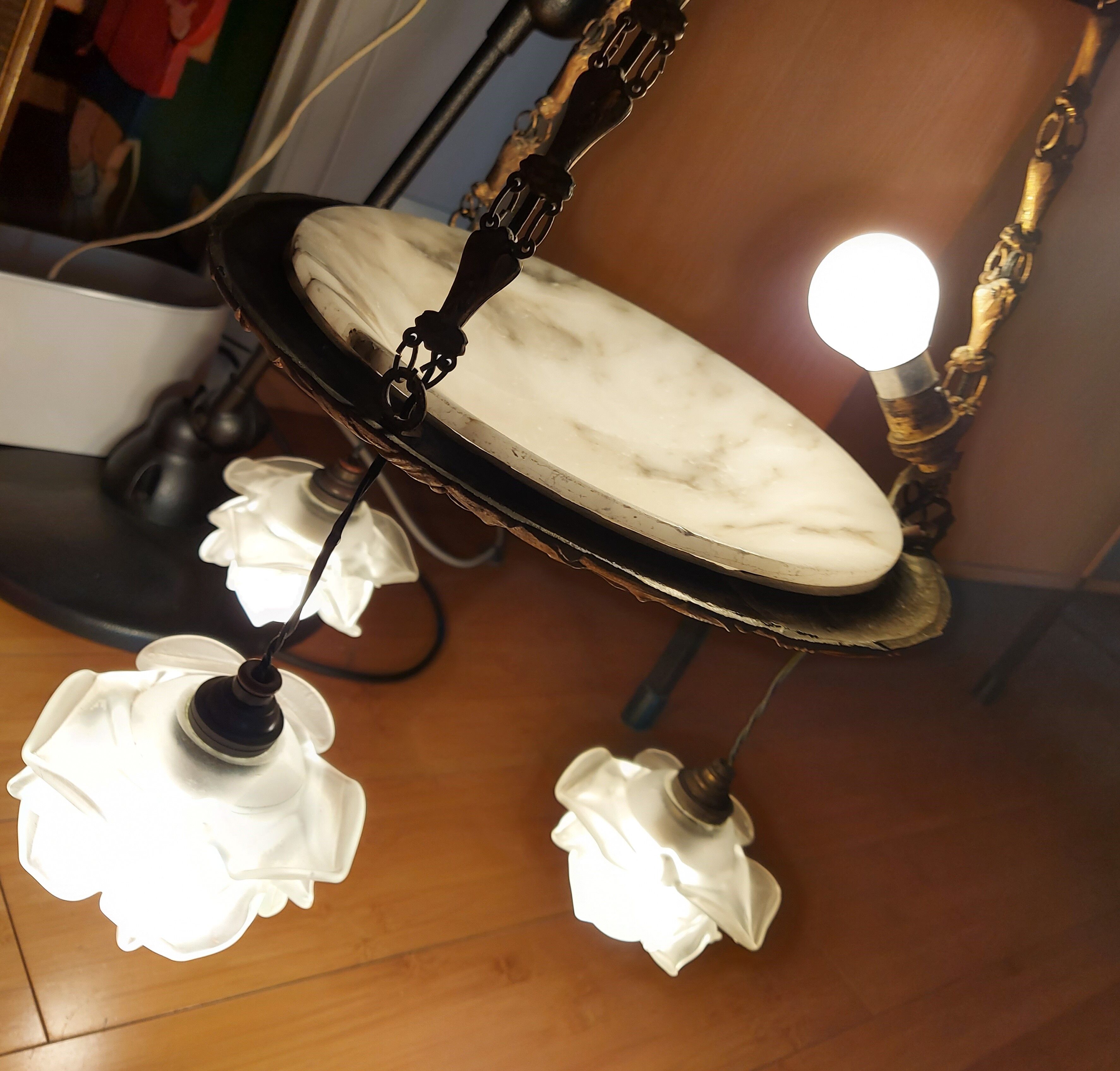 art nouveau chandelier, alabaster shells, molded glass and bronze