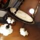 art nouveau chandelier, alabaster shells, molded glass and bronze