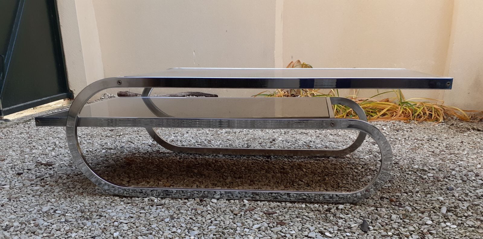 Chrome coffee table with smoked glass from the 70s