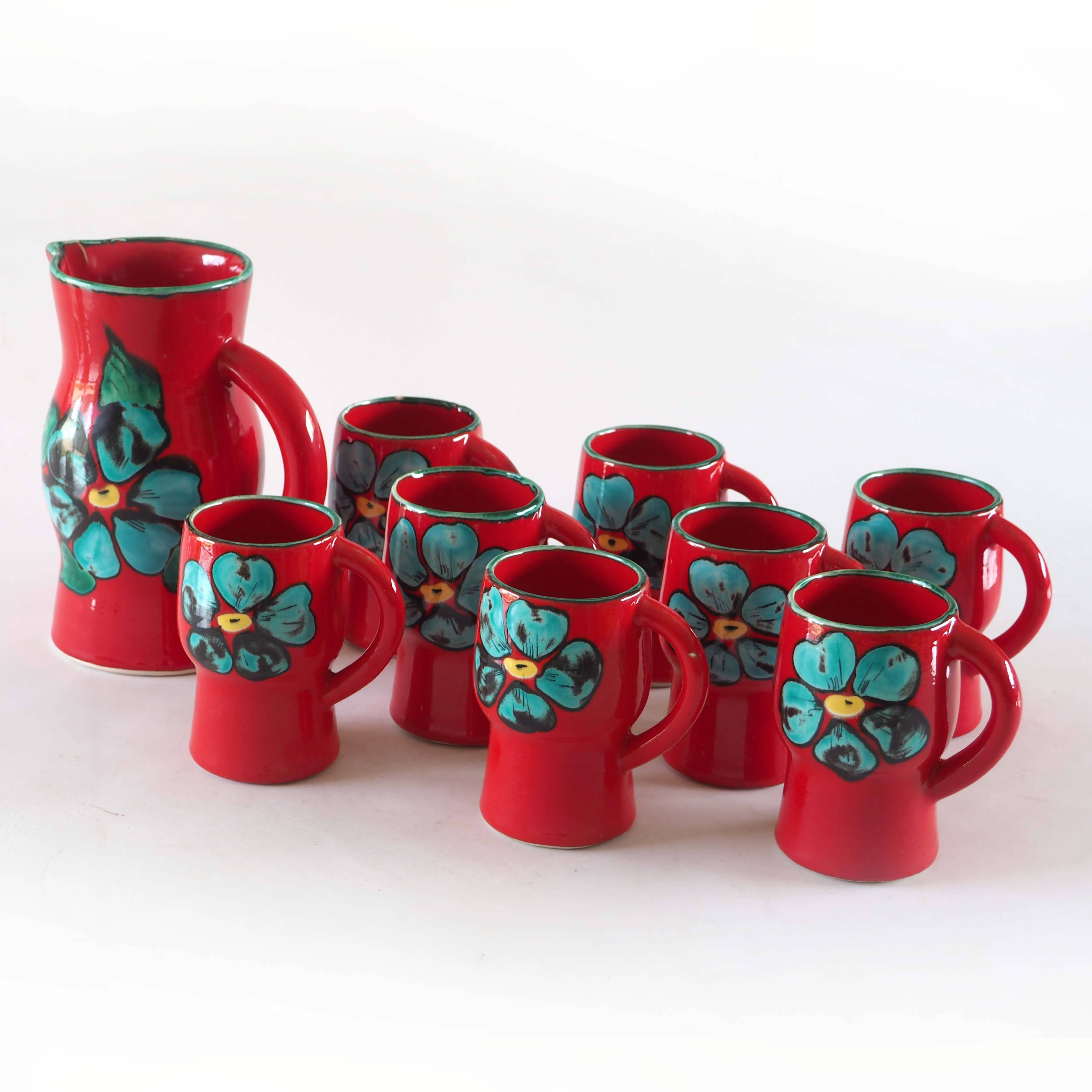 Orangeade or coffee service, pitcher and mugs Poët Laval