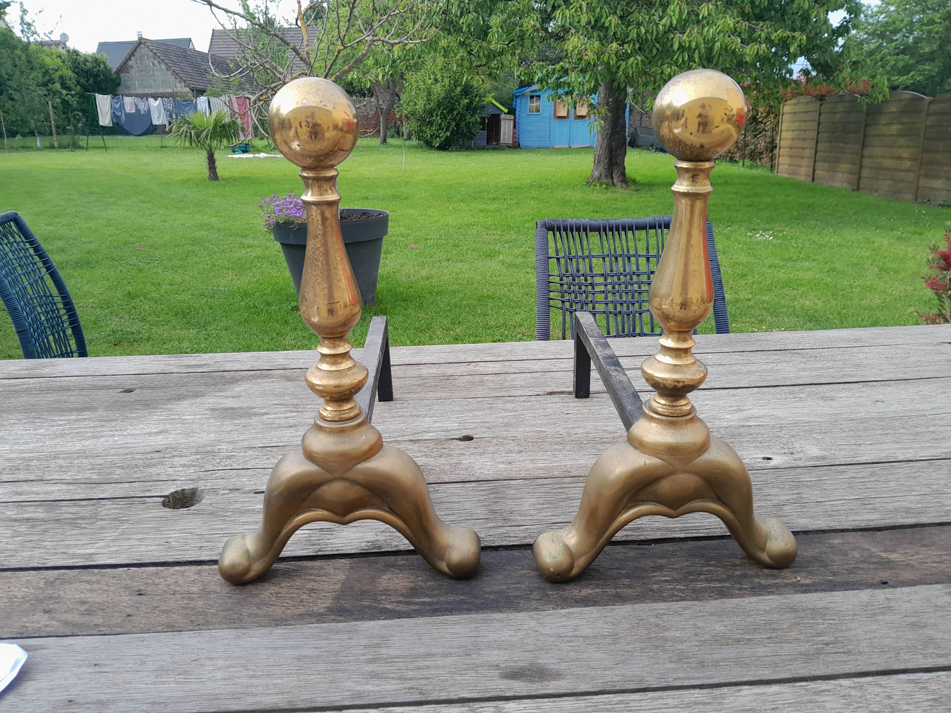 Pair of old brass chenets